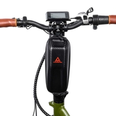 Front view of a storage bag mounted on an e-bike