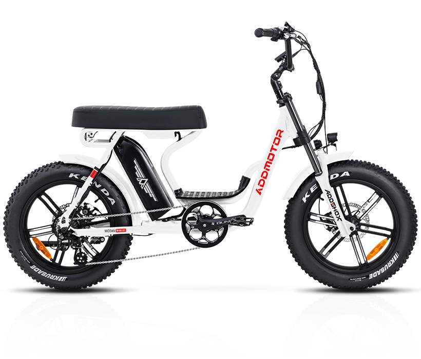 cruiser m66r7 moped style ebike with banana seat in white