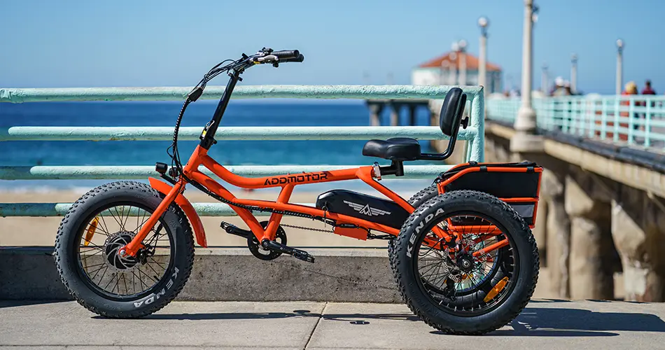 m-360 semi-recumbent fat tire electric trike for adults in Orange