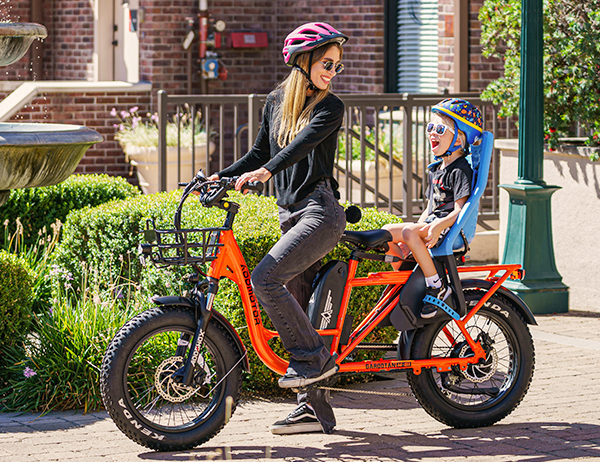 m-81 cargo long tail ebike for mom to haul her child