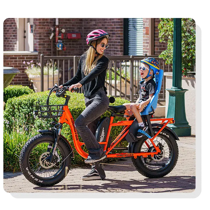 a mom taking her daughter on M-81 long tail cargo ebike