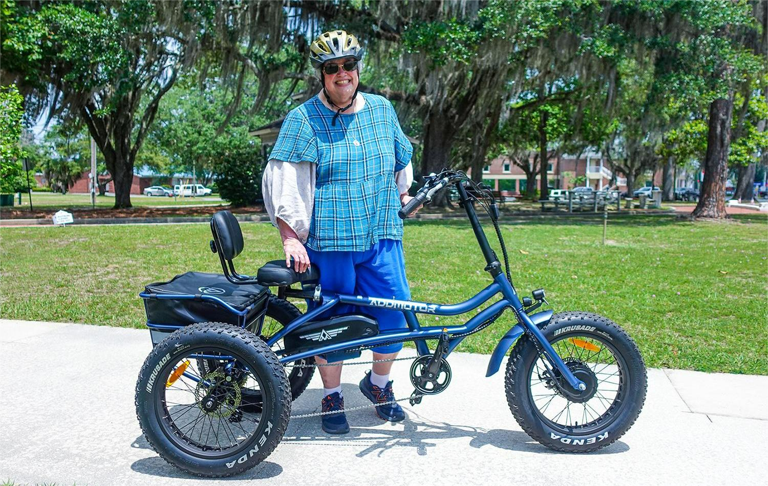 m-360 semi-recumbent fat tire electric trike for adults in Blue