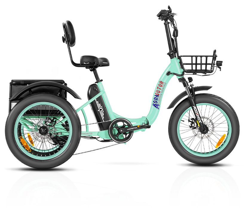 Triketan M-330F folding etrike on display in cyan green color