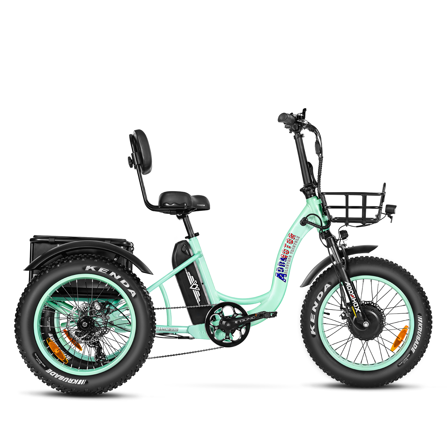 Addmotor Trike M-330F Electric Fat Tire Folding Trike 2023 Step-Thru Fat Tire 3 Wheel Electric Bike for Adults, Parking Brake In trike, Cyan Green