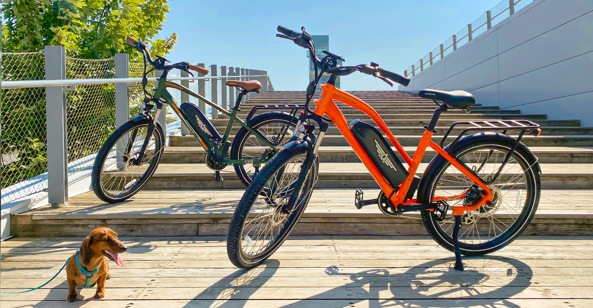 two addmotor city electric bikes on a staircase