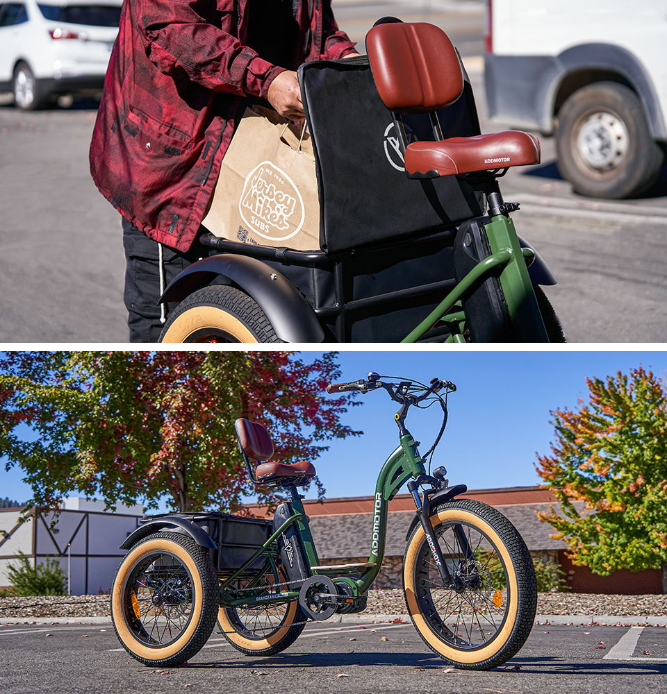 Grandtan turbo mid-drive electric trike has a rear basket