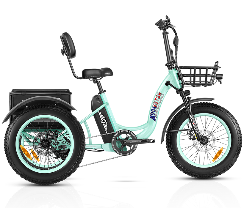 Triketan M-330 II etrike on display in cyan green color