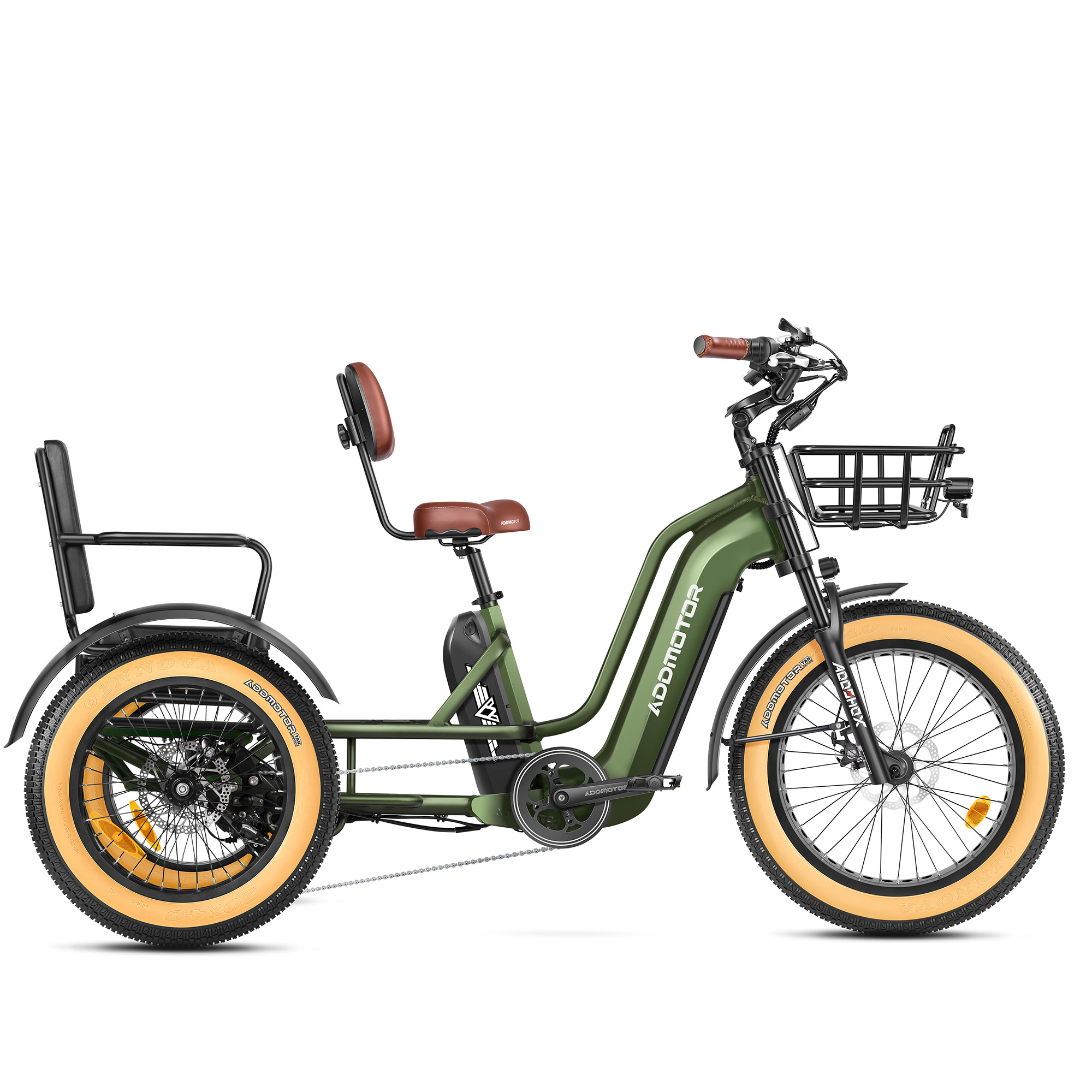 Addmotor Greattan L Dual-Battery Electric Trike with Passenger Seat | Fat Tire 750W Built-in Battery Design Electric Tricycle | Army Green