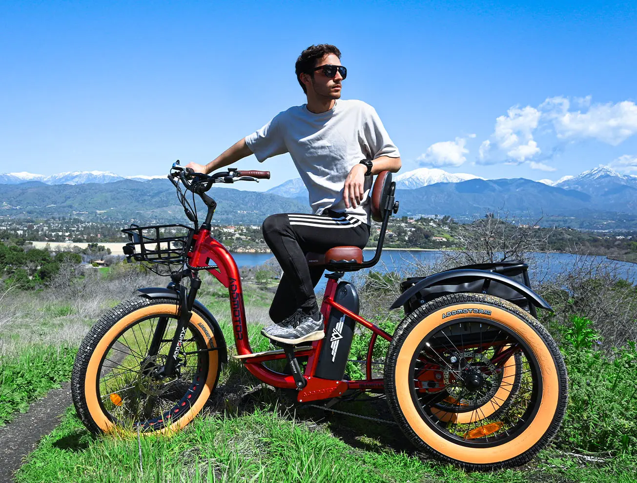 Red fat tire electric trike with a rider, positioned on a grassy hill overlooking a scenic mountain and lake backdrop, highlighting its off-road capabilities and suitability for outdoor exploration.