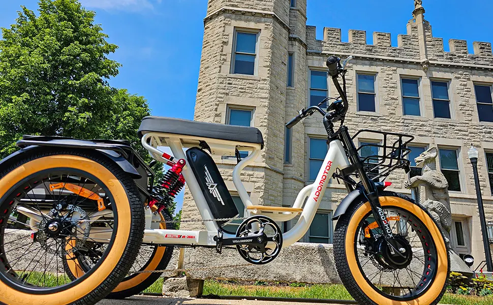 step-through electric trike for 2 adults with dual suspensions, 750 watt motor and 960Wh battery