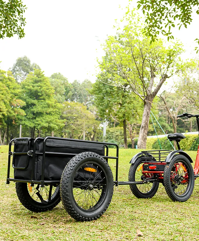 a red citytan electric trike with a addmotor traliler with storage bag in black on the grass in a park
