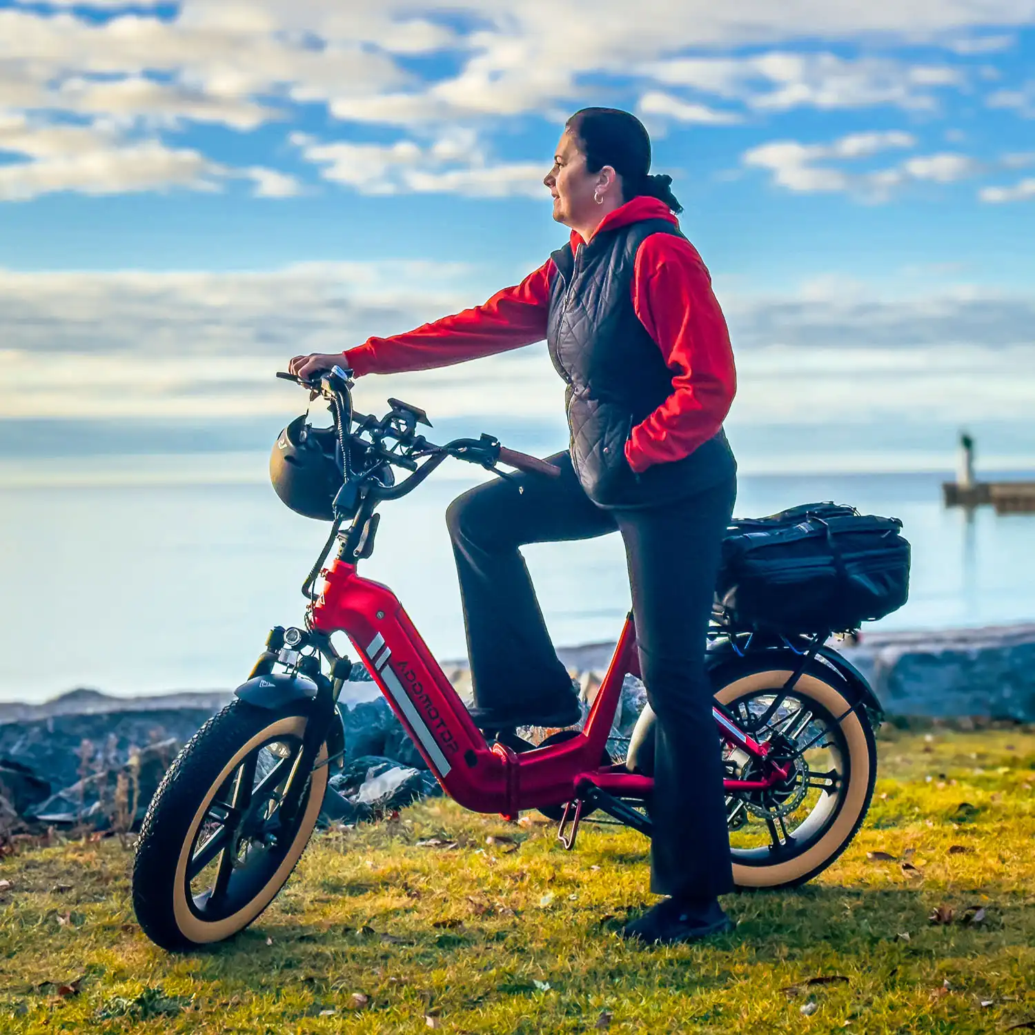 A woman is riding the ADDMOTOR EBIKE