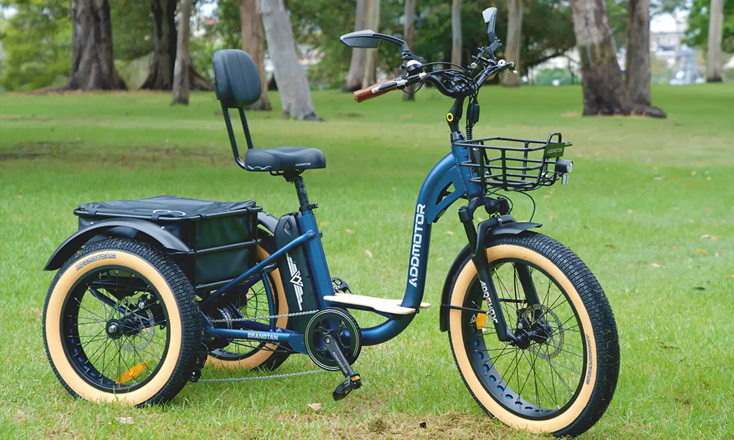 Close-up of an e-trike's rear wheel differential system, designed for smooth power distribution and enhanced stability.
