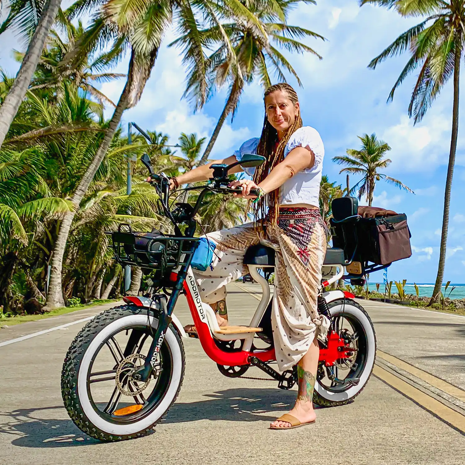 A lady is riding Addmotor M-66X happily