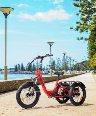 A red electric trike is parked on a paved path by the water