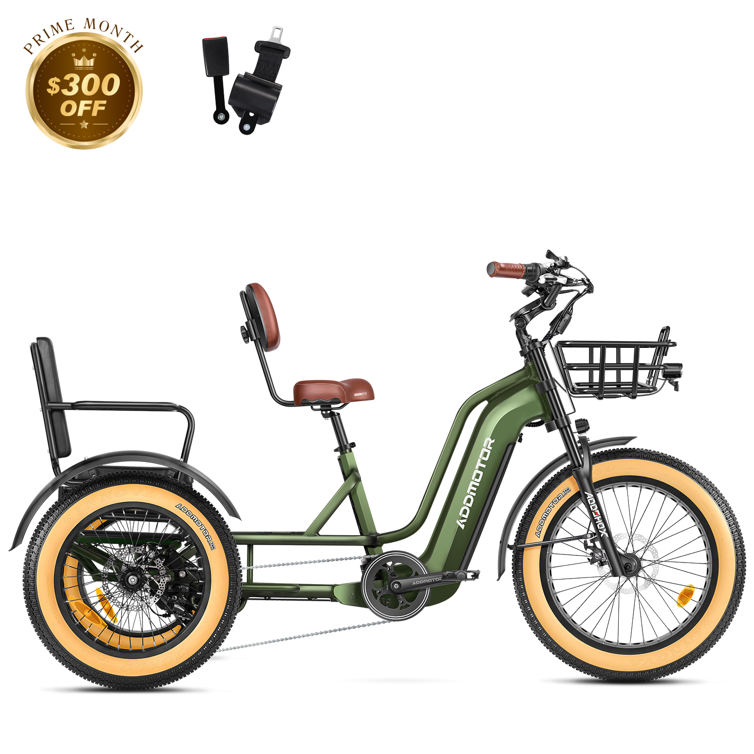 Wheel Motorized Tandem Bike Dual-Battery Electric Trike With