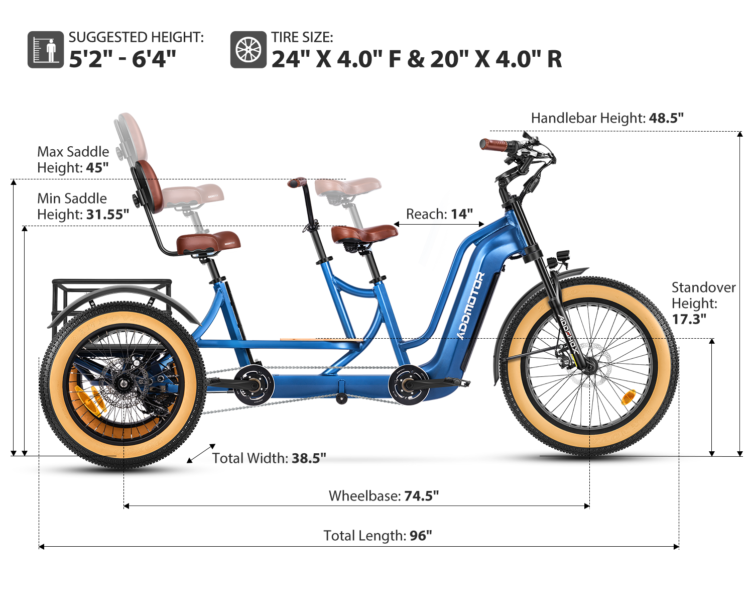 Addmotor M-380 Tandem eTrike dimensions