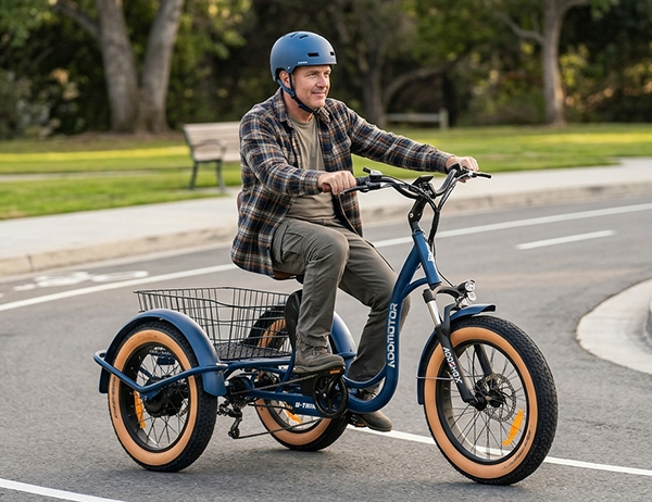 A woman riding a folding electric trike