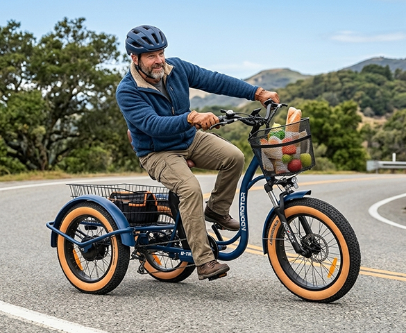 Pivot steering trike in Tilting Mode, demonstrating a natural lean-to-turn experience on a curved path.