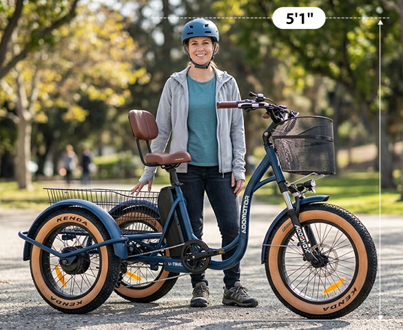 Step-thru electric trike design with a 6061 aluminum frame for effortless mounting and accessibility.