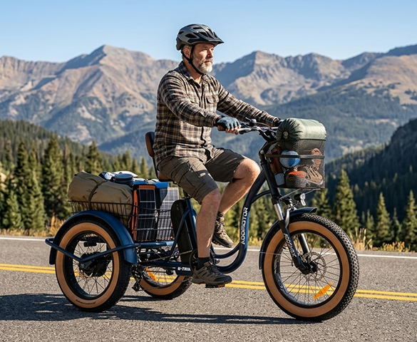 Tilting 3 wheel electric bike with a 440 lbs payload capacity, loaded with cargo in the rear basket.
