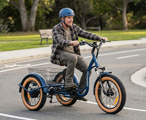 Tilting electric tricycle powered by a 750W motor and Samsung 20Ah battery for long-range adventures.