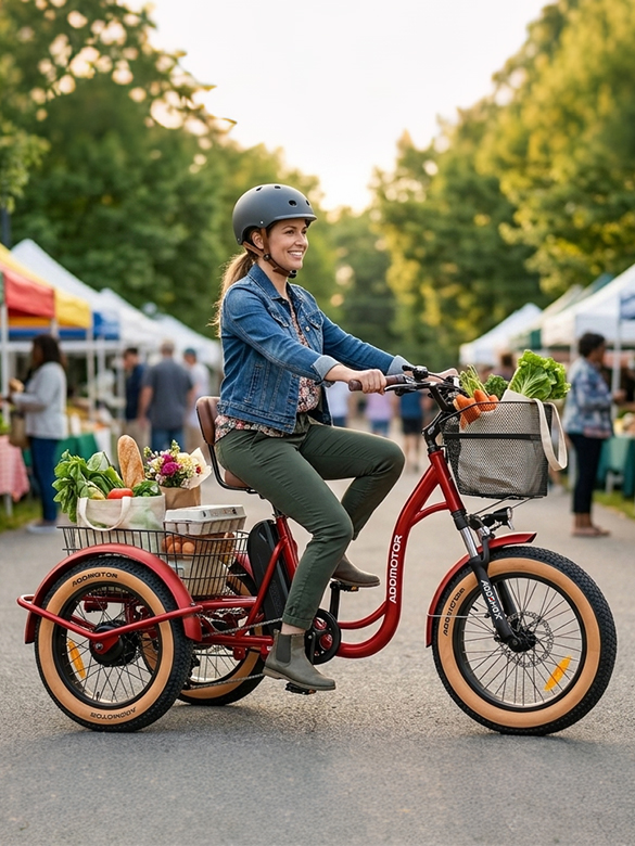 The Addmotor U-750 tilting electric trike for adults shown in both Fixed Mode for stability and Tilting Mode for a natural lean