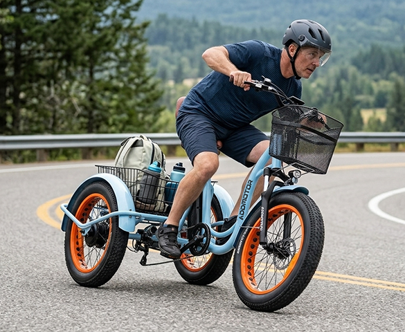 Two riders on Addmotor U-750 tilting electric trikes by the lake, showing both Fixed and Tilting modes.