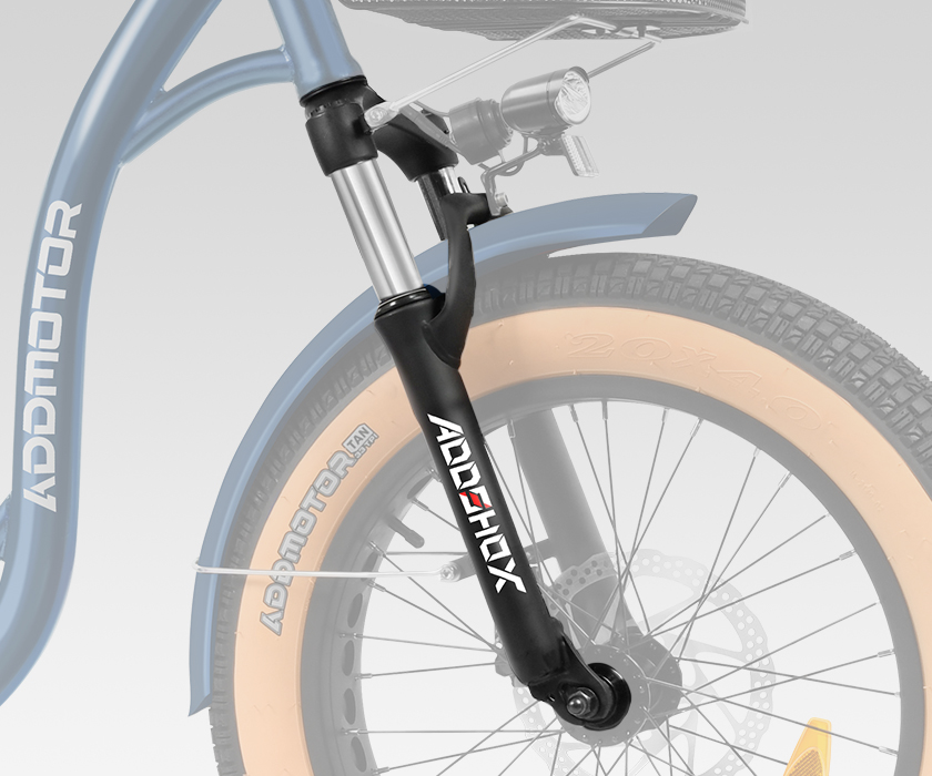 80mm travel oil spring front suspension fork of the tilting trike for superior shock absorption.