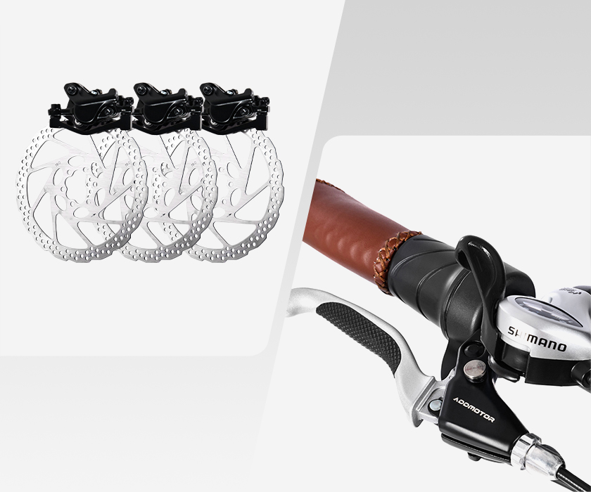 Triple disc brakes with 180mm rotors and integrated parking brake for secure stopping and parking.