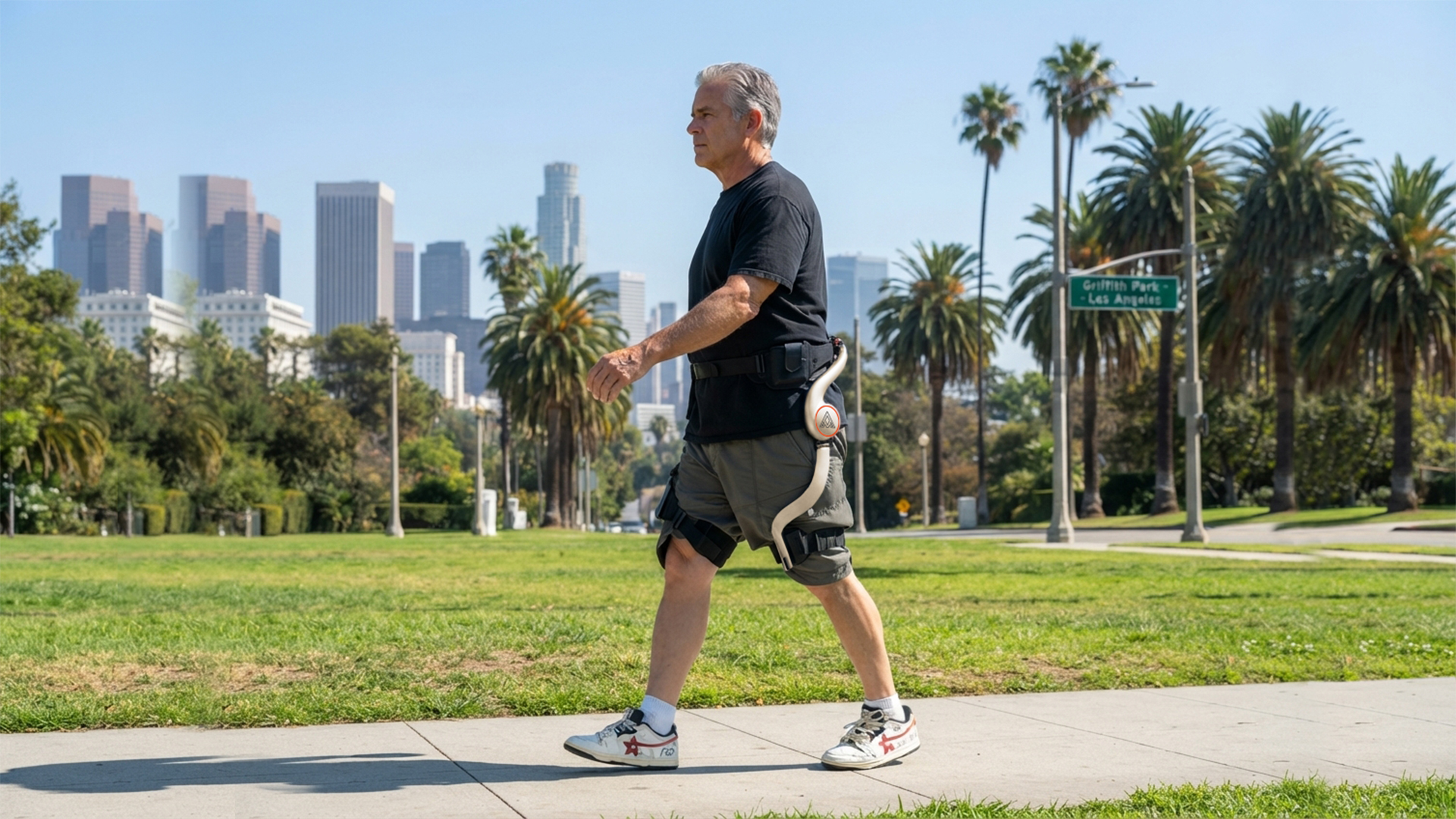 Addmotor Cybergen Carego exoskeleton park walking daily assist scene