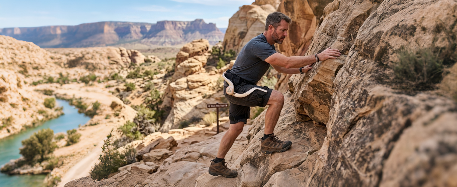 Female climber ascending steep rock face using climbing exoskeleton with glowing active assist