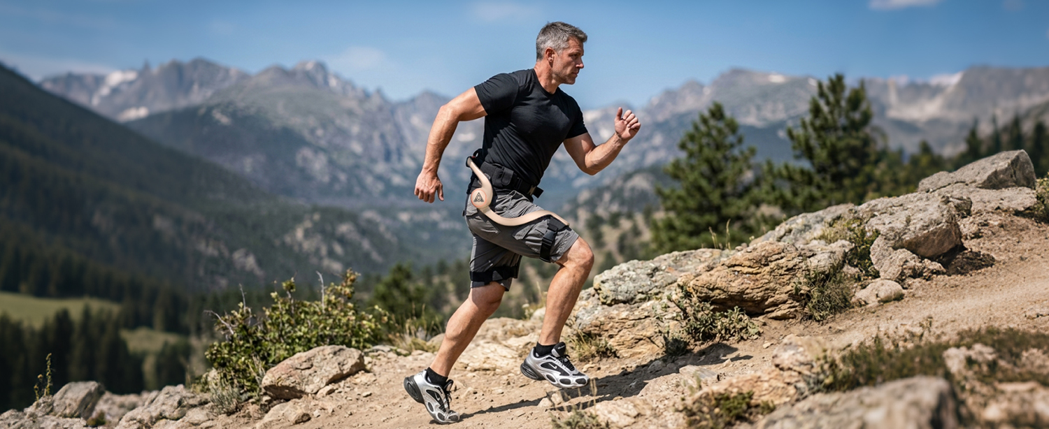 Runner sprinting uphill with sprint exoskeleton delivering synchronized motor boost on foot push-off
