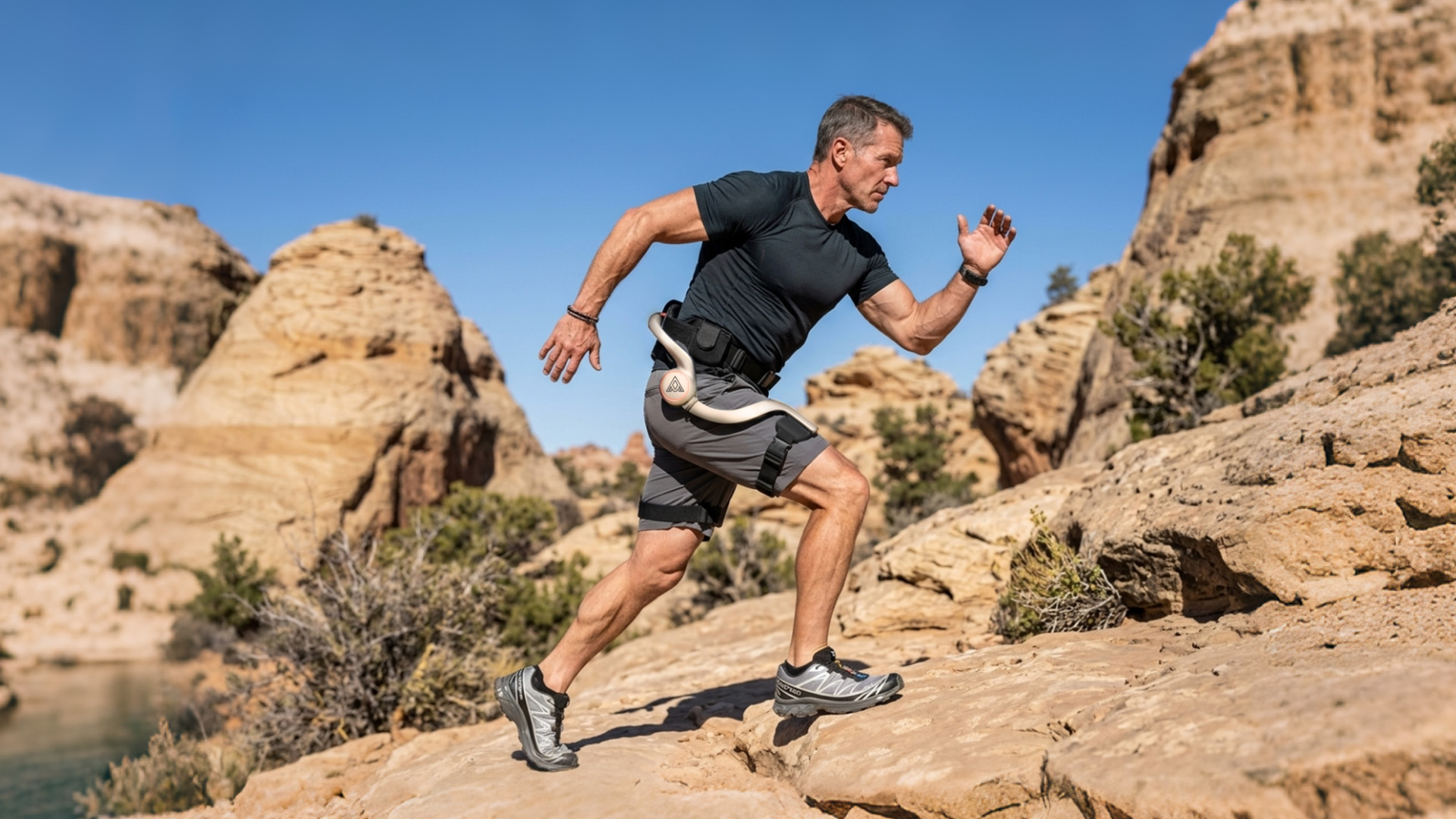 Strong young man in outdoor exoskeleton leaps across rocks while hiking.