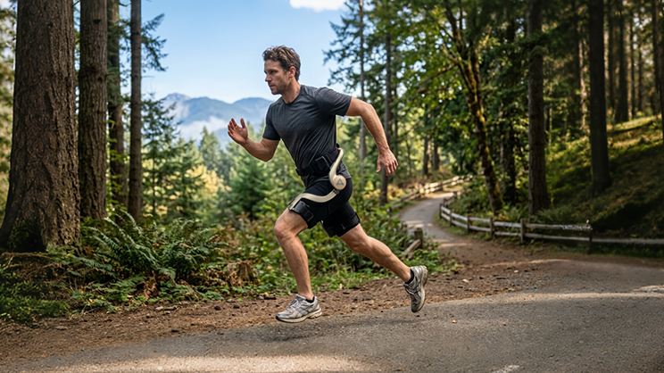 Young man runs in active running exoskeleton, dual motors delivering 40 N·m torque.