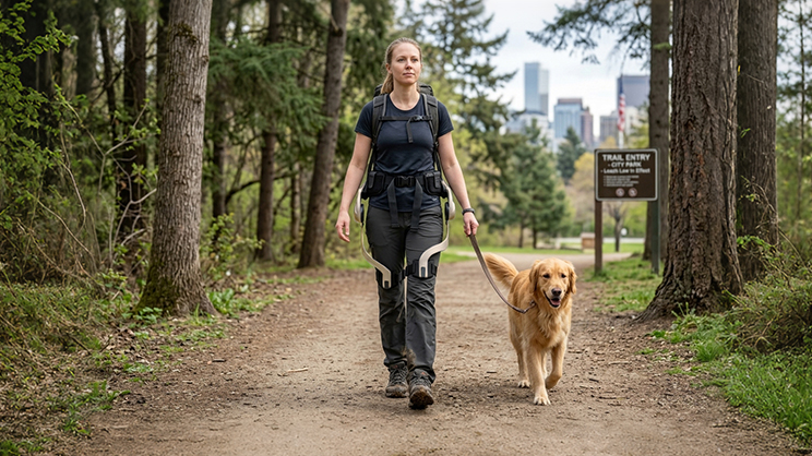 Woman walks dog on flat trail in hip exoskeleton walking assist.