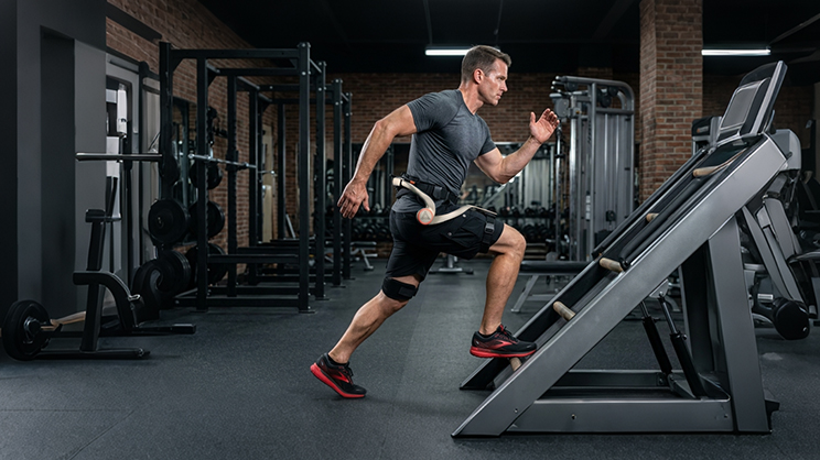 Man in gym uses hip exoskeleton Fitness Mode for resistance strength training.
