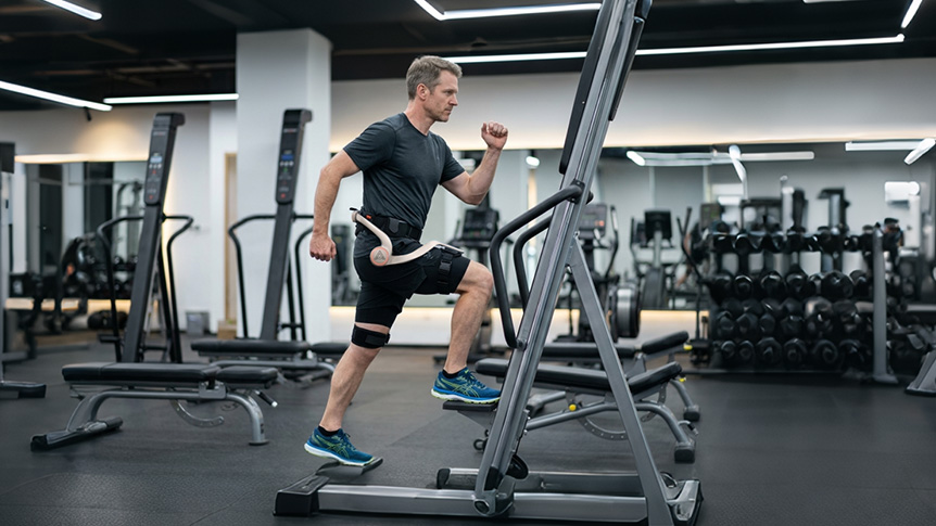 Male athlete performing heavy high knees in gym using fitness exoskeleton in reverse load mode
