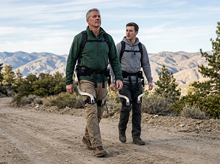 Carego exoskeleton with dual removable batteries, 15-mile range, and App-controlled modes.