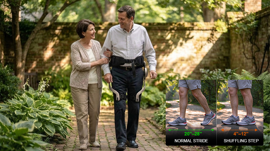 Person using Carego exoskeleton for daily walking, showing short-step recognition and powered walking assistance.