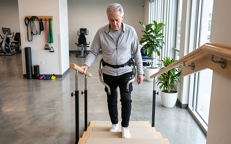 Carego exoskeleton with independent left and right leg adjustment, showing separate assistance settings for each leg.