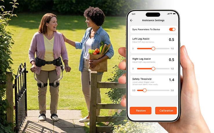 Carego hip assistance exoskeleton for daily walks, with lightweight frame and contoured leg supports for everyday comfort.