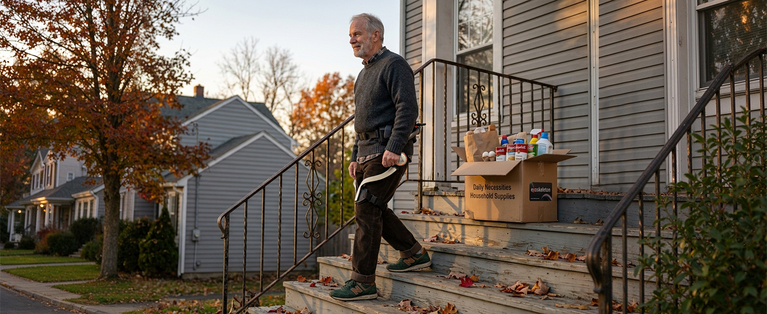 Carego hip assistance exoskeleton for daily walks, with lightweight frame and contoured leg supports for everyday comfort.