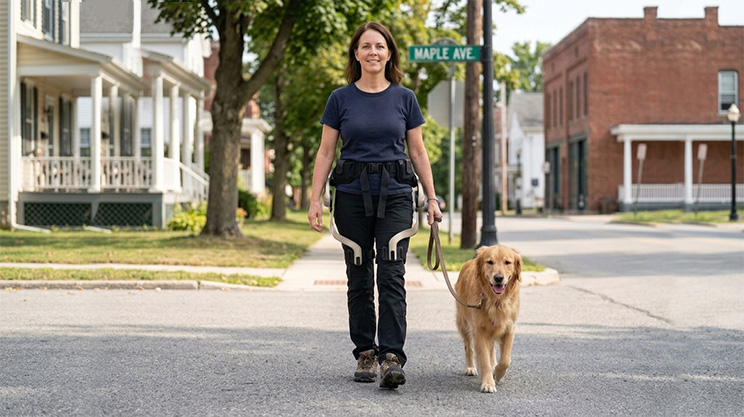 Woman walks dog on flat trail in hip exoskeleton walking assist.